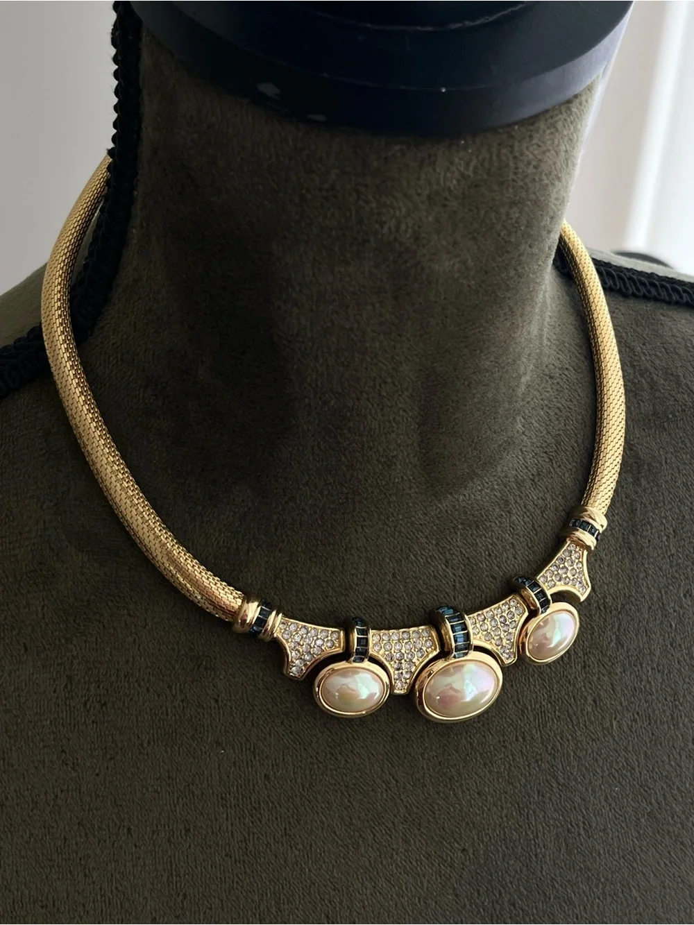 Authentic Vintage Dior Oval Pearl Cabochon Blue Stone Mesh Gold Bib Necklace